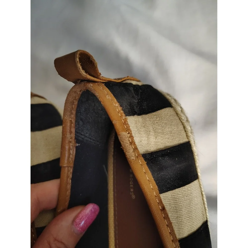 Kim Rogers Gabby Striped Espadrille‎ Flats Black Tan Floral Applique Womens 8M